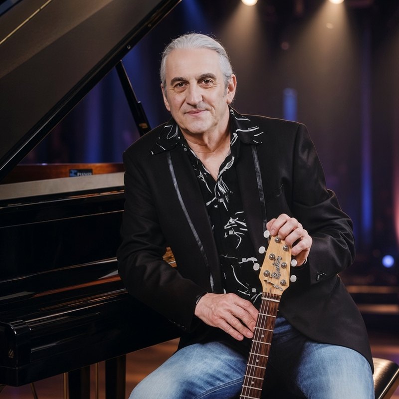 Bernard Codeso, assis près d'un piano à queue, une guitare électrique à la main