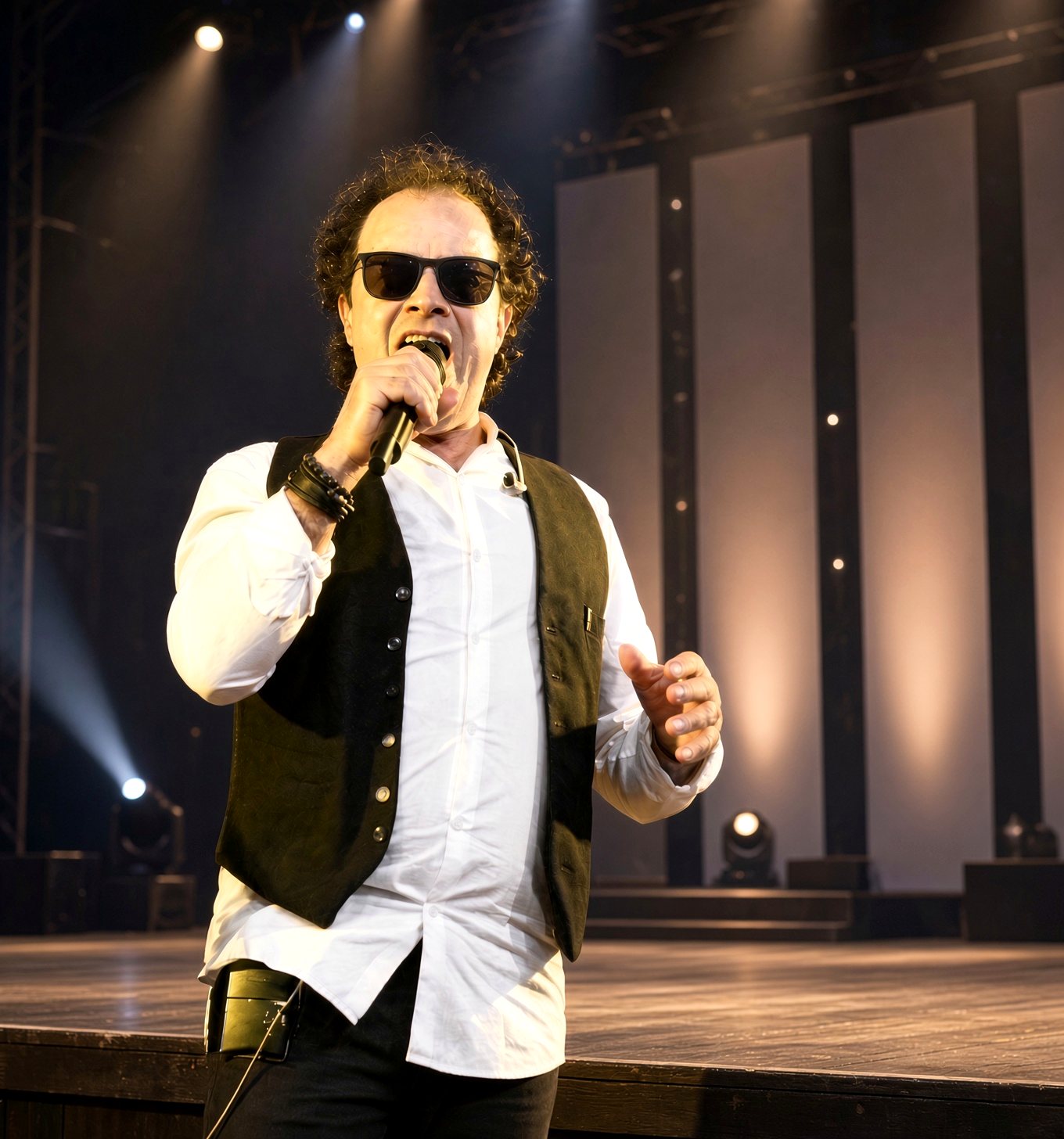 Pierrot Hallouche en plein concert, micro à la main